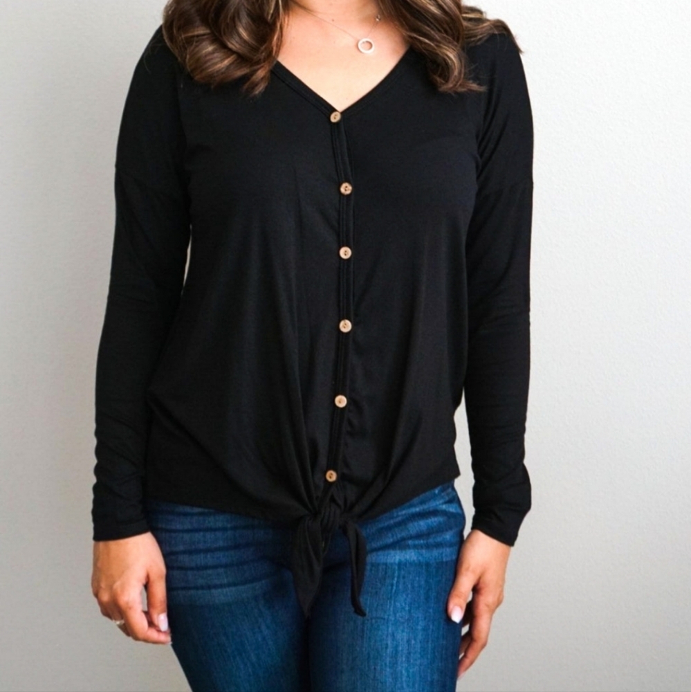 Long Sleeve Wooden Button Front Tie Top